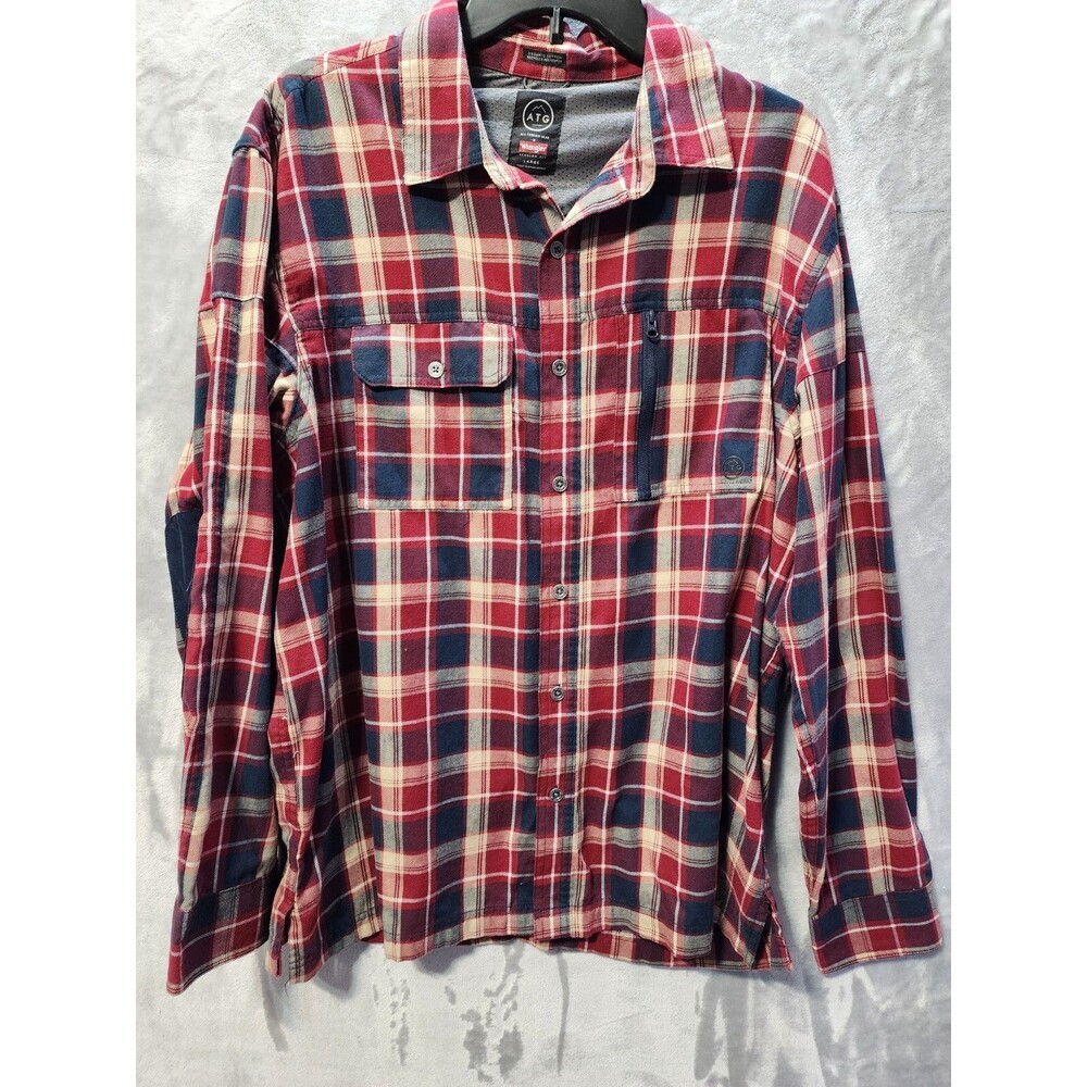 Wrangler ATG Gear Button Down Shirt Mens L Red Blue Plaid Outdoors Elbow Patches